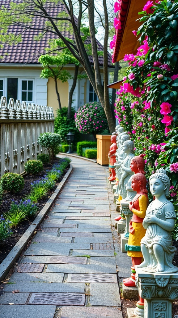 A garden pathway lined with colorful statues and blooming flowers