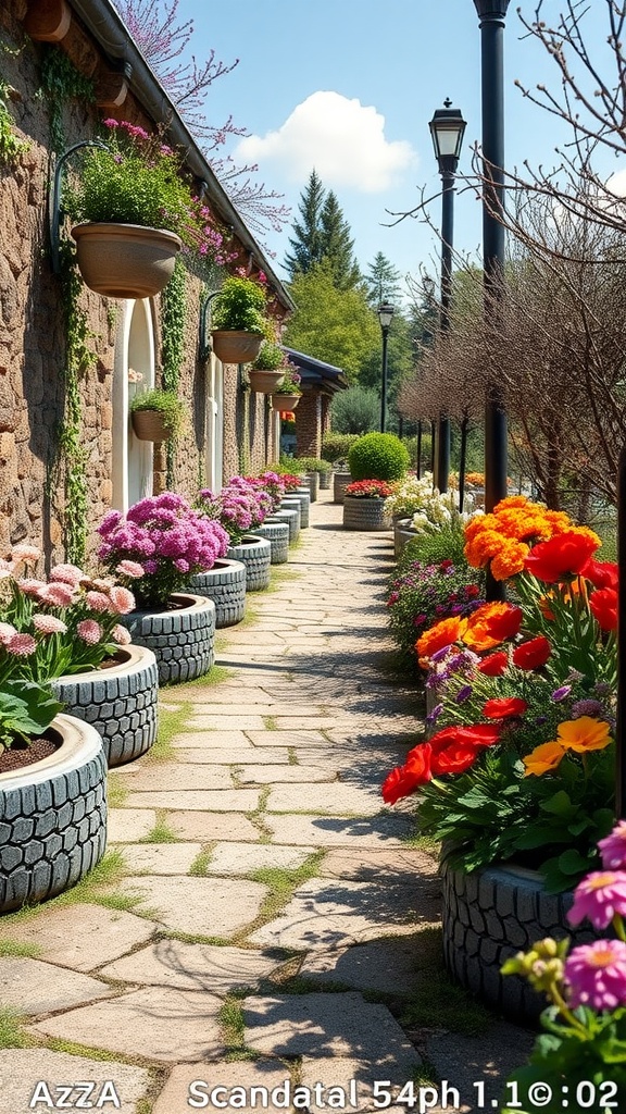 A garden pathway lined with colorful flowers in upcycled tire planters, creating a charming Bohemian atmosphere.