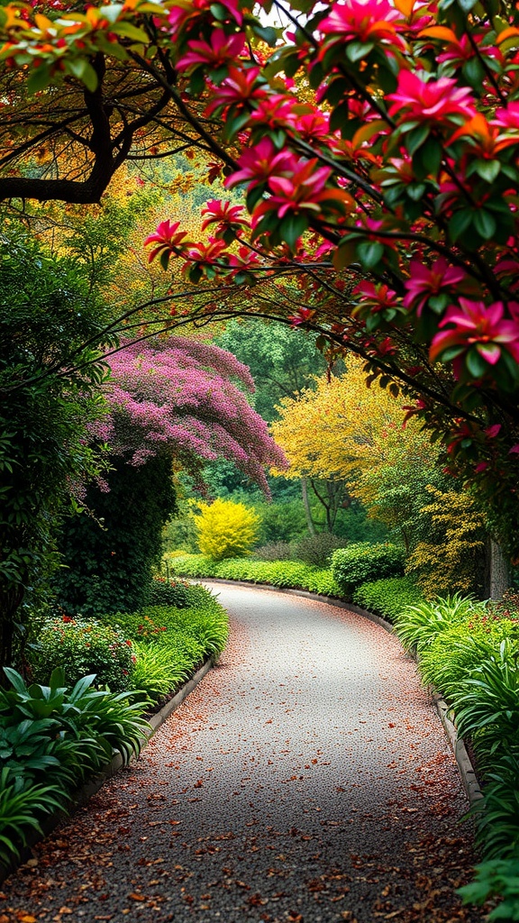 A winding garden pathway framed by colorful foliage including pink and yellow flowers.