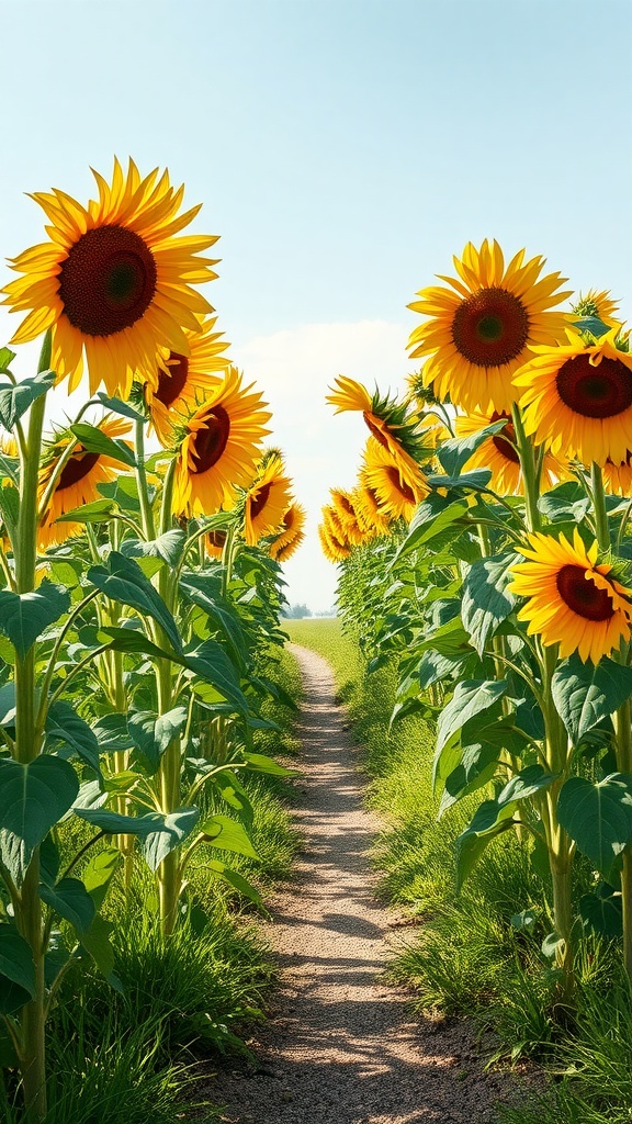 A winding pathway framed by tall sunflowers under a clear sky.