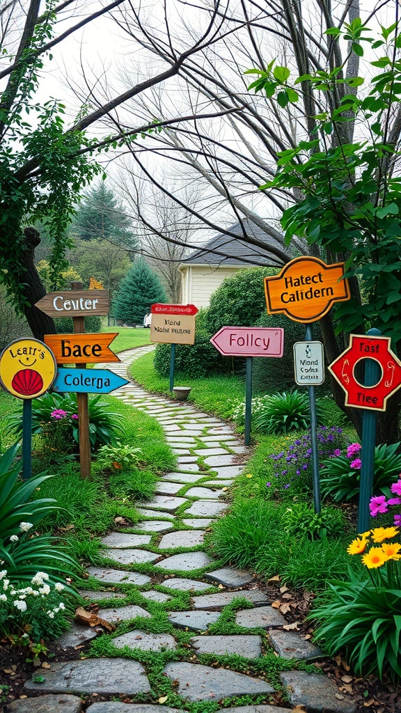 A colorful pathway with garden signs leading through lush greenery and flowers.