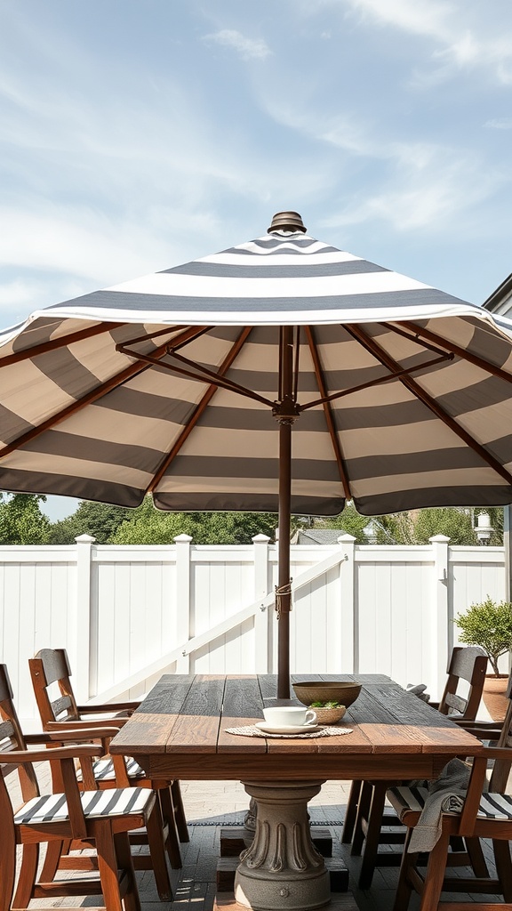 Patio umbrella providing shade over a wooden table and chairs in a farmhouse setting