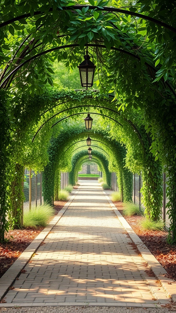 A paved garden pathway lined with overhanging vines and lanterns.