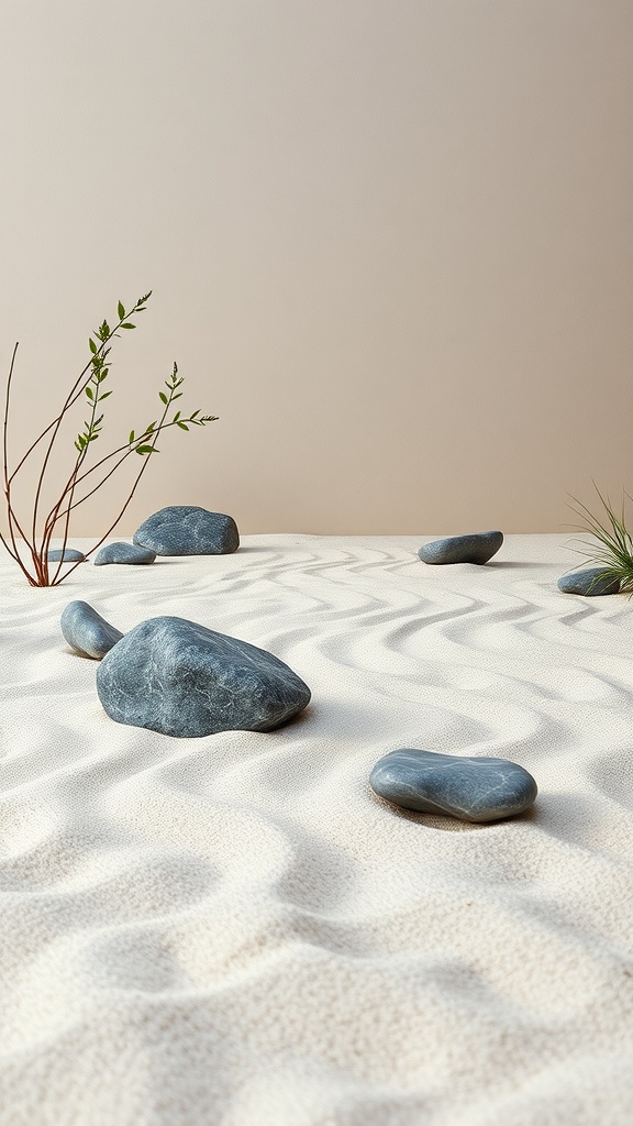 A peaceful Zen garden with smooth stones placed on soft sand, complemented by small green plants.