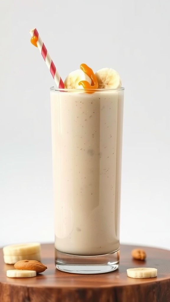 Peanut Butter Banana Protein Smoothie in a glass with a striped straw