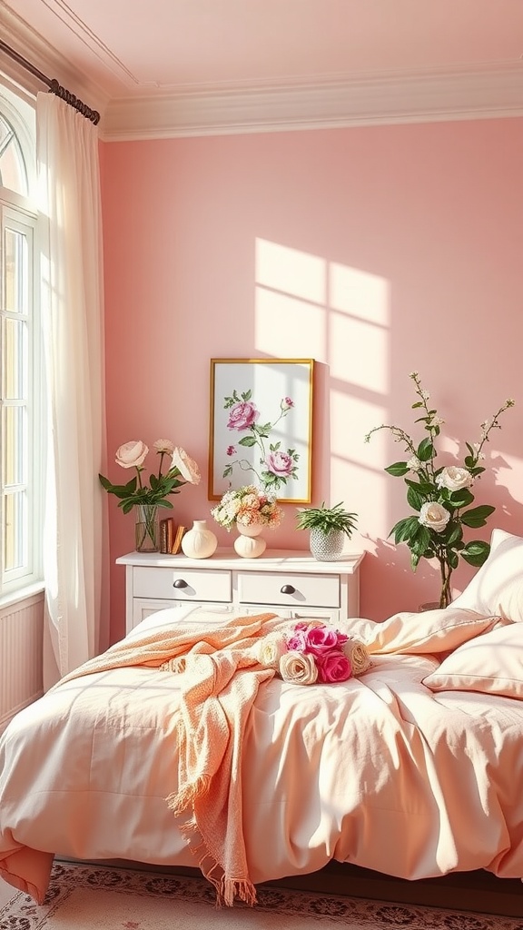 A bright and inviting bedroom featuring peony pink walls, white furniture, and floral accents.