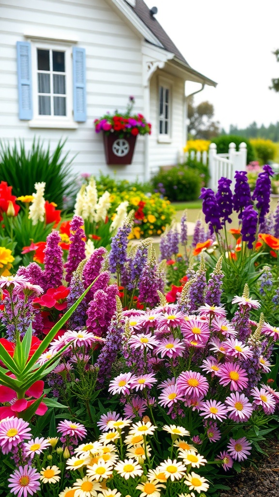 Colorful perennial flower beds in a farmhouse garden setting, featuring a variety of flowers and a white house in the background.