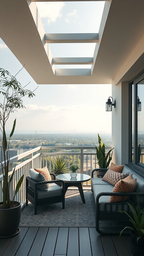 A cozy balcony with comfortable seating, plants, and a view of the city.