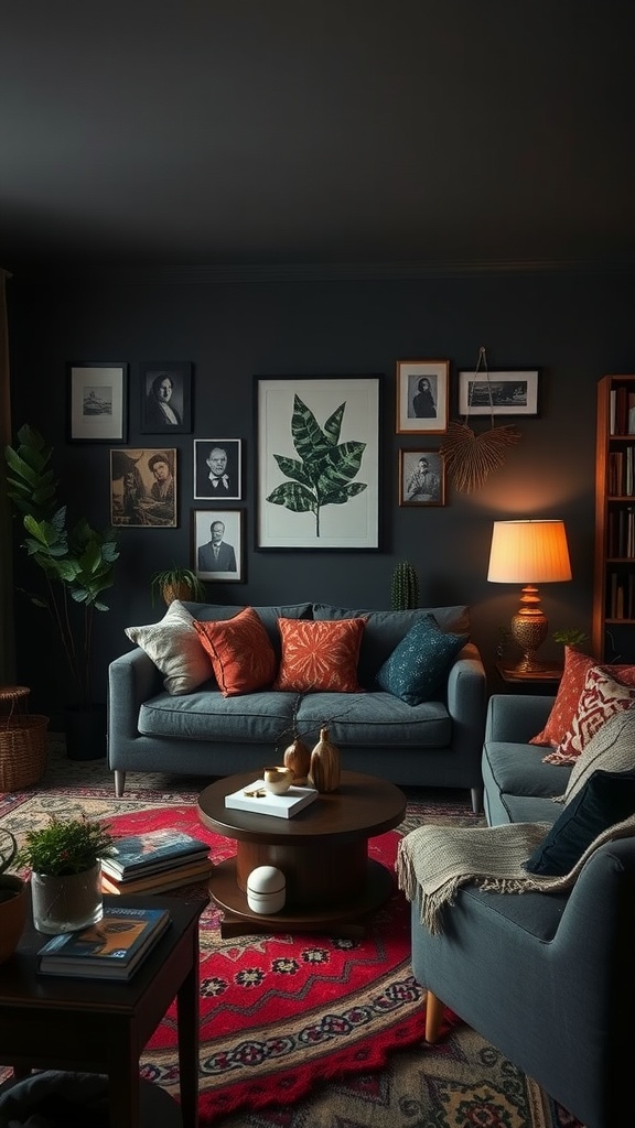 A cozy dark boho living room featuring family photos on the walls, vibrant cushions, a plant, and a warm light.