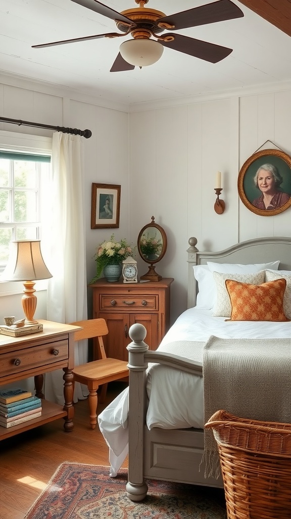A cozy farmhouse chic bedroom featuring family heirlooms, vintage portraits, and rustic furniture.