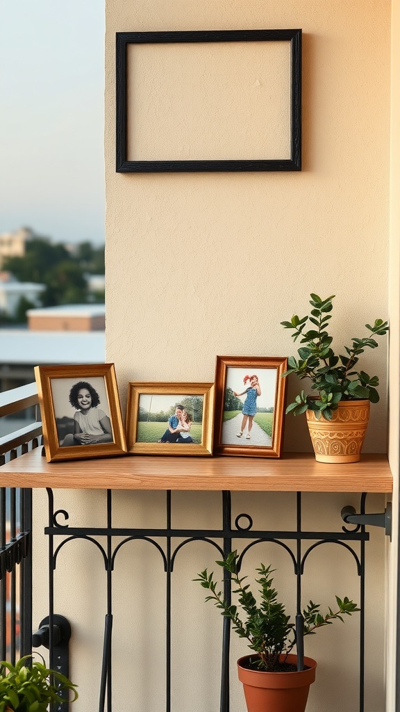 A balcony with family photos in frames on a wooden shelf, complemented by potted plants.