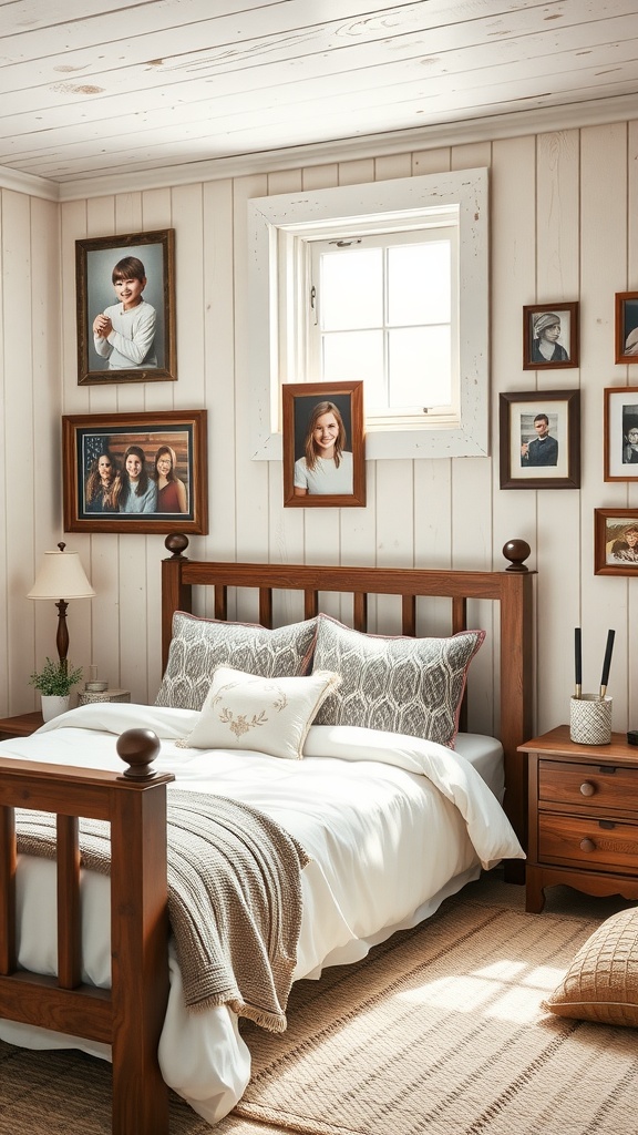 A cozy farmhouse glam bedroom featuring various framed photos on the walls, a wooden bed, and warm decor elements.