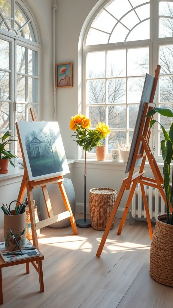 A sunroom with easels displaying artwork, a vase of sunflowers, and artistic supplies.