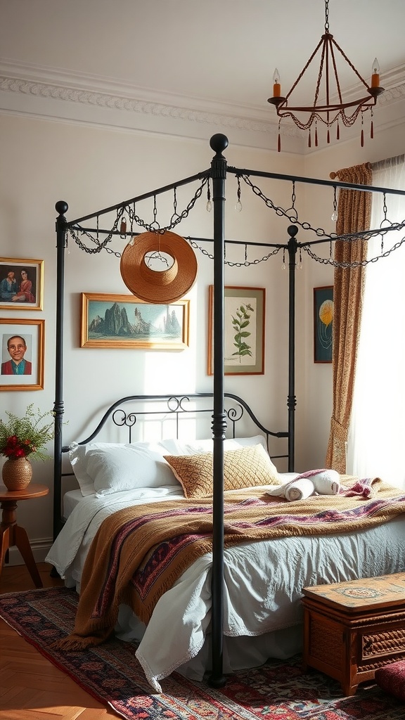 A cozy bohemian bedroom featuring a canopy bed with personalized artwork on the walls, showcasing vibrant and eclectic framed pieces.