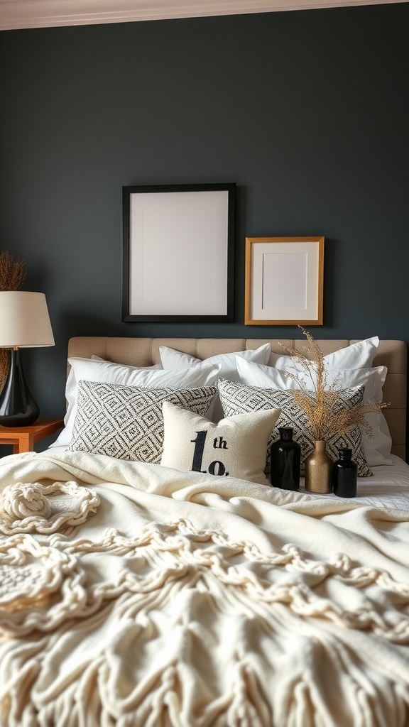 A black and cream bedroom featuring textured bedding, decorative pillows, and minimalist decor