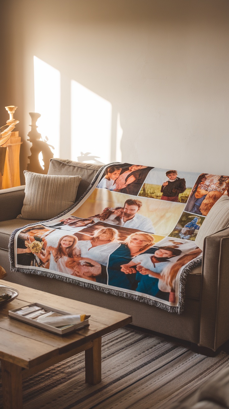 A personalized blanket with family photos displayed on a couch, reflecting warmth and cherished memories.