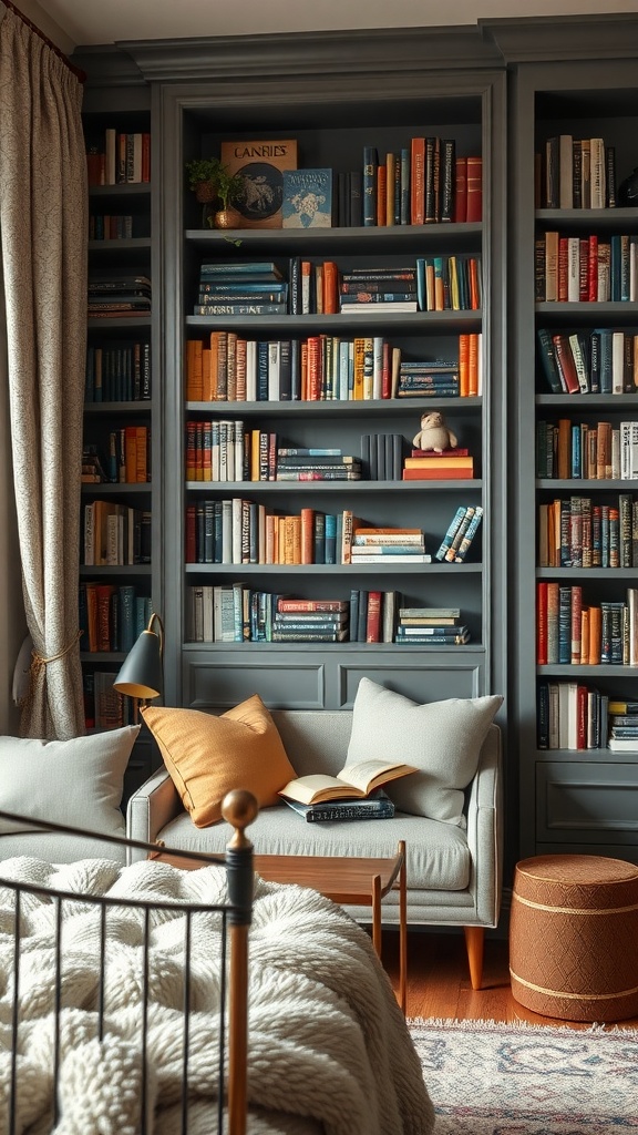 A cozy book nook with a bookshelf filled with colorful books, an inviting armchair, and decorative pillows.