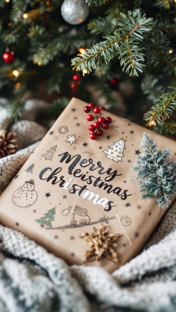 A beautifully wrapped Christmas gift with festive drawings and decorations, set under a Christmas tree.