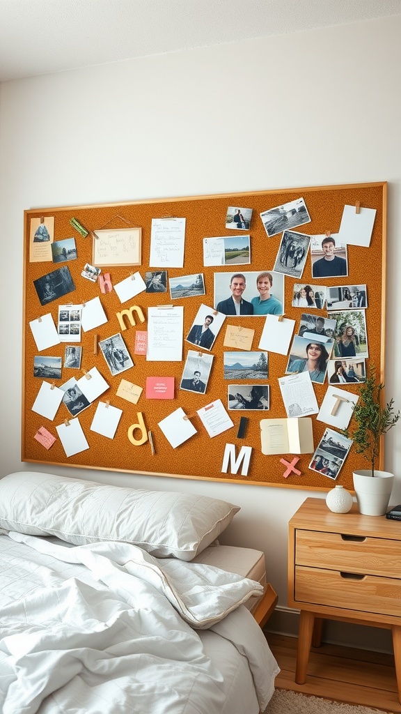 A personalized cork board filled with photos, notes, and memories in a teenager's bedroom.