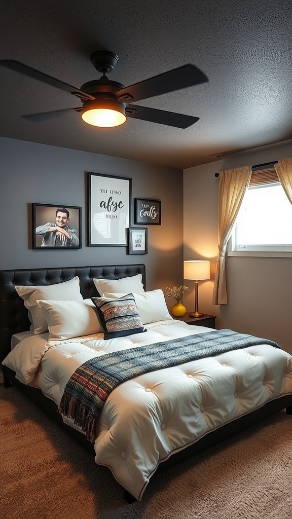 Cozy farmhouse basement bedroom with a bed, decorative pillows, and framed wall art.