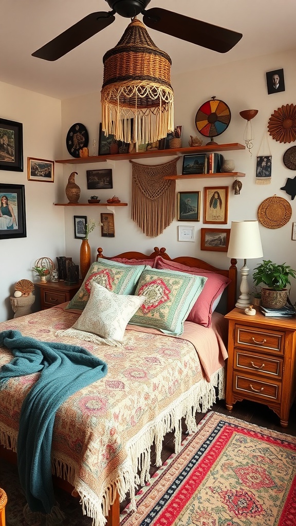 A cozy bedroom featuring personalized decor with woven wall hangings, layered textiles, and plants.