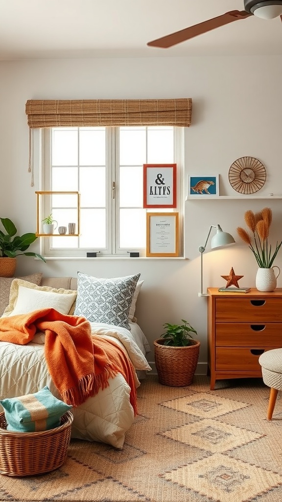 A cozy farmhouse glam bedroom featuring warm colors, personal decor, and inviting textures.