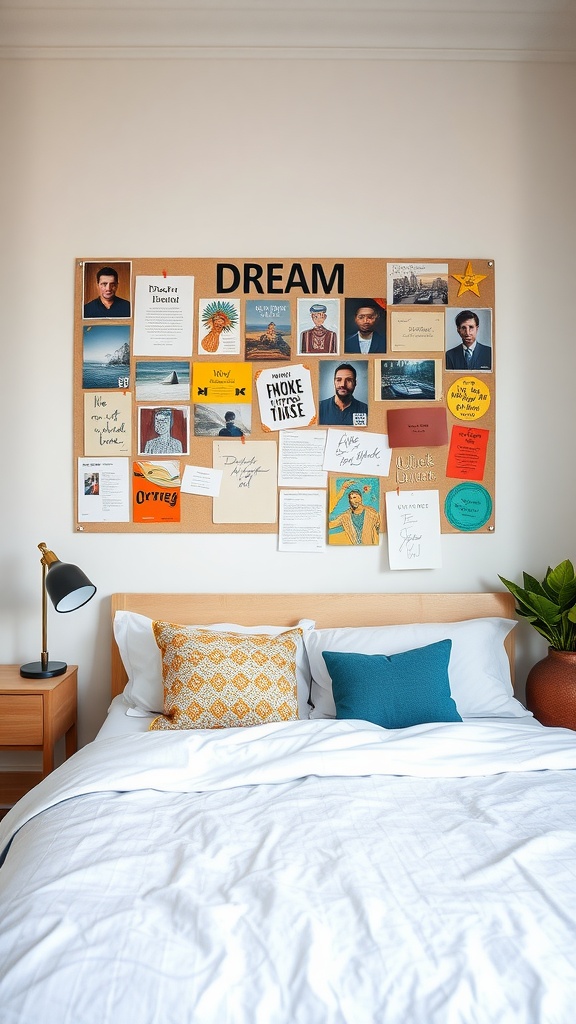 A cozy bedroom with a corkboard filled with inspirational notes and images, featuring the word 'DREAM' at the top.