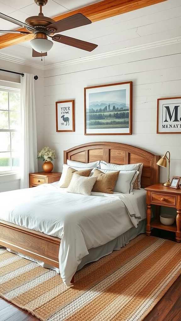 A cozy farmhouse chic bedroom featuring wooden furniture and personalized wall art