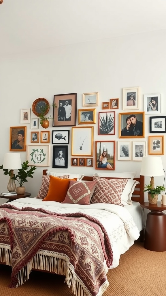A boho style bedroom featuring a personalized gallery wall with a variety of framed photos and art.