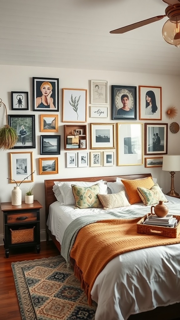 A cozy bedroom featuring a personalized gallery wall with a mix of framed artwork, a wooden bed, and warm textiles.