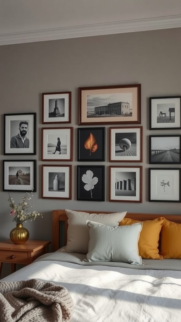 A cozy bedroom featuring a personalized gallery wall with framed artwork and photographs.