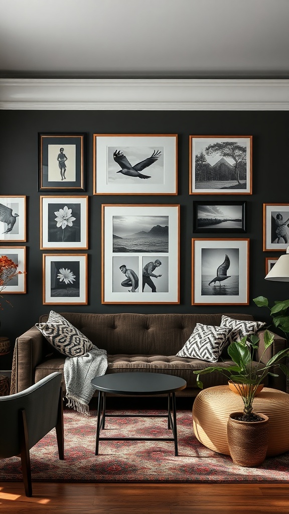A dark boho living room with a personalized gallery wall featuring various framed artworks.