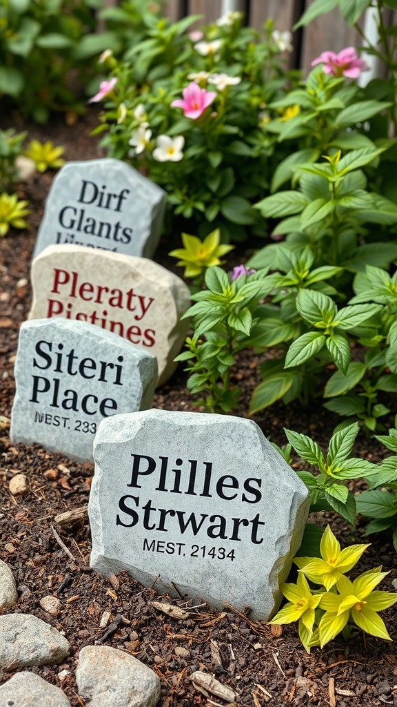 Personalized garden stone markers in a flower bed