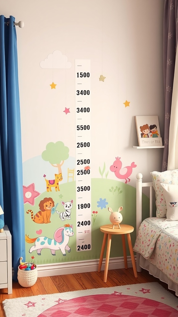 A colorful growth chart featuring animal illustrations in a girl's bedroom.
