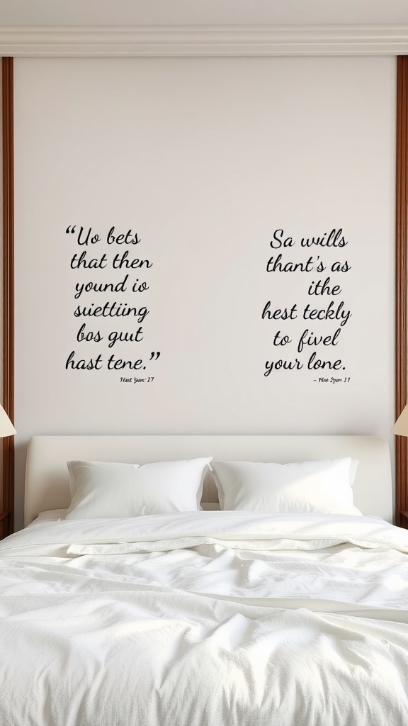 A bedroom with personalized handwritten quotes on the walls above the bed.