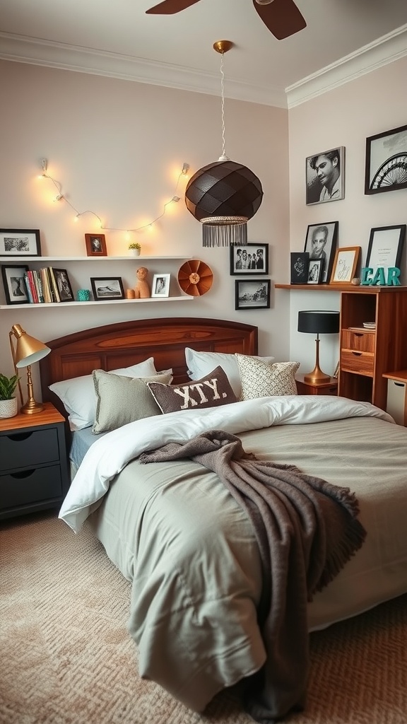 Cozy bedroom with personalized decor for a teenage boy, featuring a bed with decorative pillows, wall shelves with photos and plants, and soft lighting.