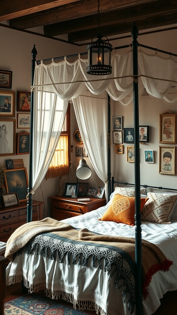 A serene boho bedroom with a canopy bed, decorated with personal mementos and framed photographs.