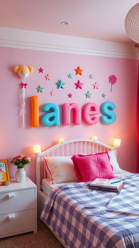 A personalized name wall in a girls bedroom, featuring colorful letters, stars, and flower decor.