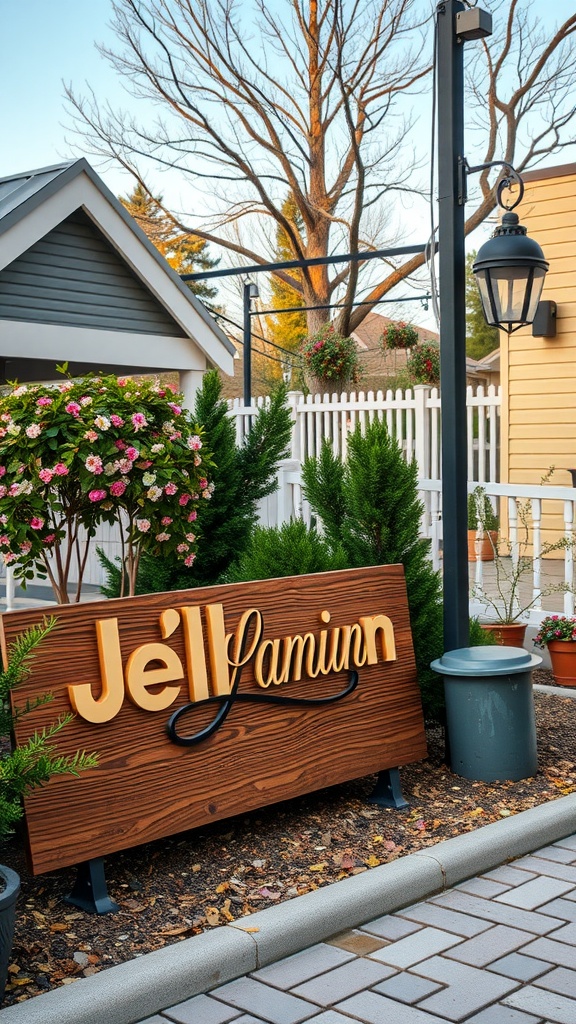A wooden personalized outdoor sign with the name 'Je'llamiunn' surrounded by plants and a cozy patio setting.