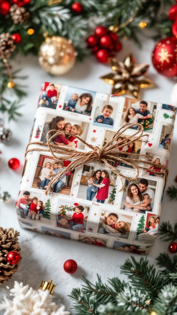 A beautifully wrapped gift with personal photos, surrounded by holiday decorations.