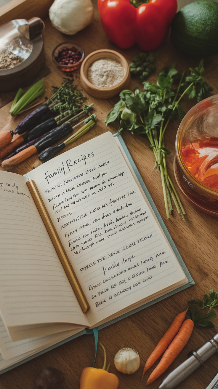 An open personalized recipe book surrounded by fresh vegetables and herbs on a wooden table.