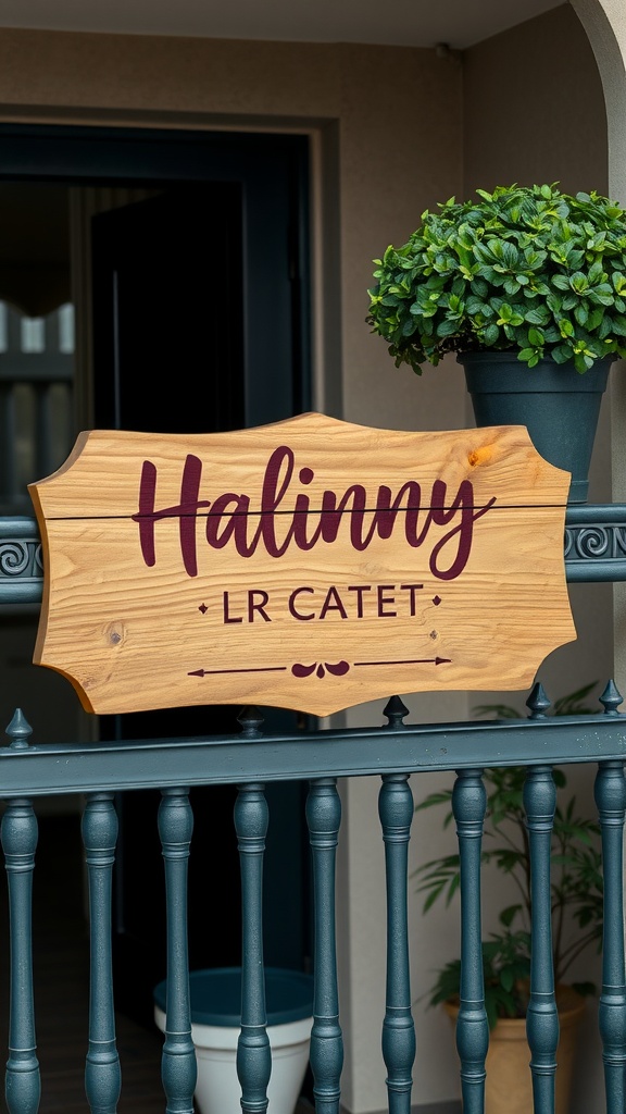 Personalized wooden sign on a balcony