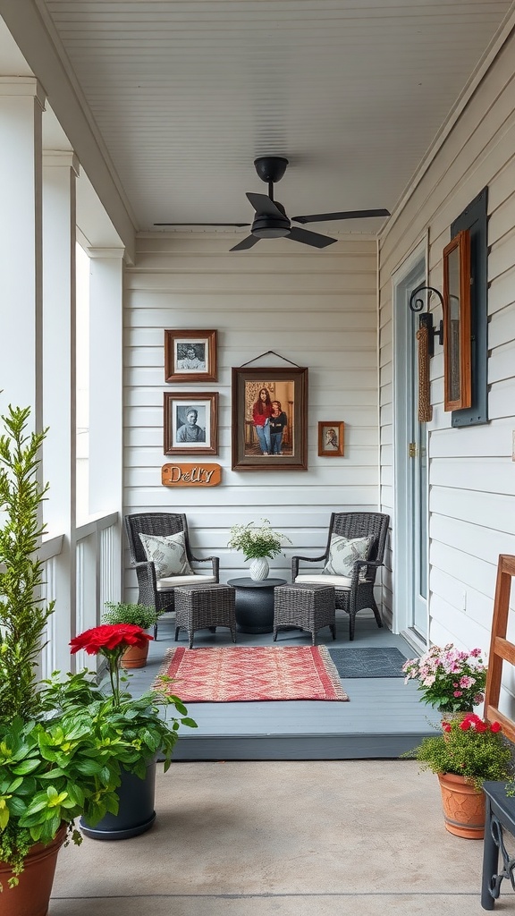 A cozy farmhouse back porch with family photos displayed on the wall, surrounded by plants and comfortable seating.