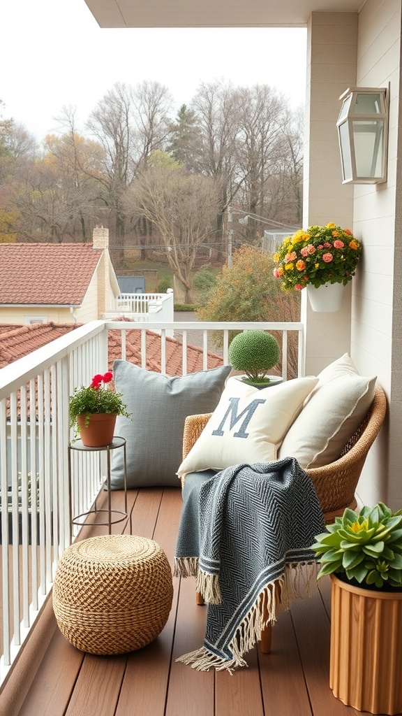 A cozy balcony with a chair, pillows, a knitted blanket, plants, and decorative items.