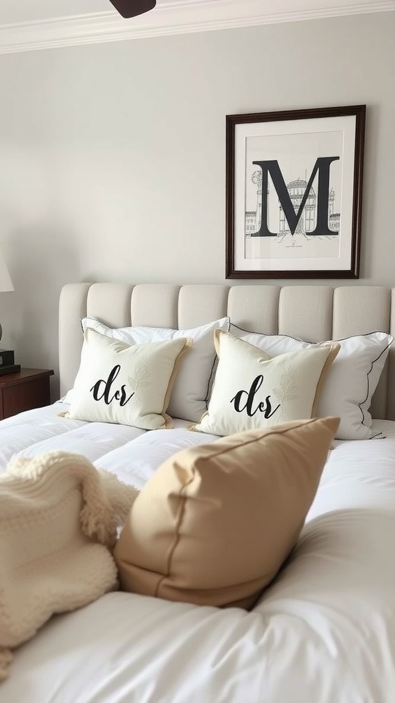 A cozy modern farmhouse bedroom with personalized decorative pillows and framed wall art.