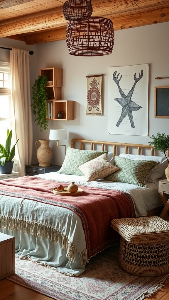 Cozy Boho Eclectic Bedroom with warm tones, textured blankets, and personalized decor.