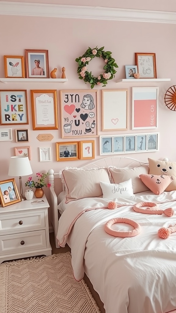 A feminine bedroom featuring personalized decor, framed artwork, and soft pastel colors.