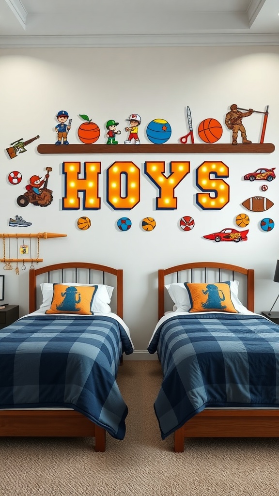 A bedroom designed for twin boys featuring personalized decor, including the name 'HOYS' and various hobby-related items.