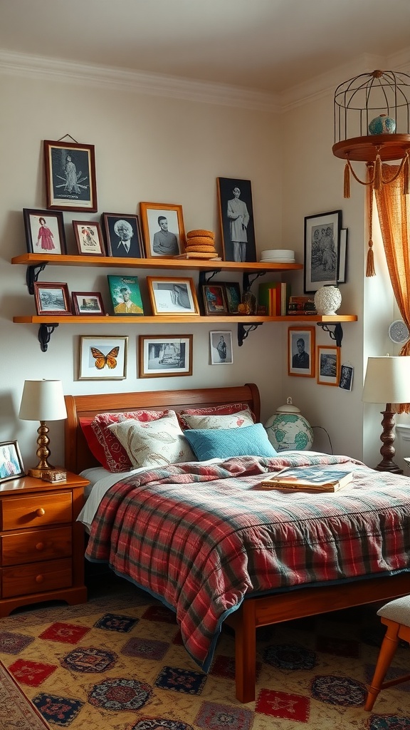 A cozy farmhouse bedroom with personal memorabilia displayed on shelves, featuring a wooden bed with plaid bedding.