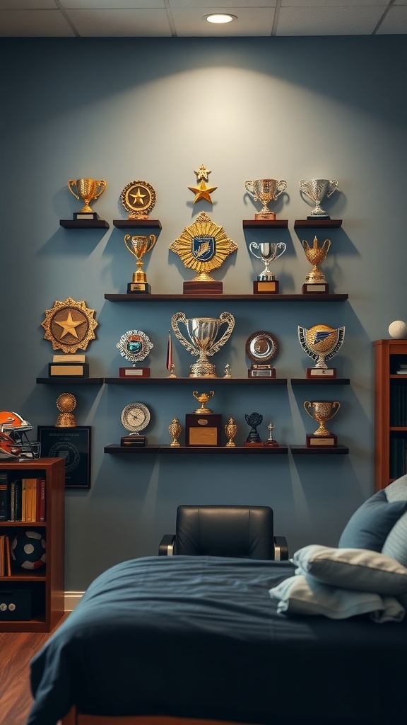 A wall display with various trophies on shelves in a boy's bedroom.